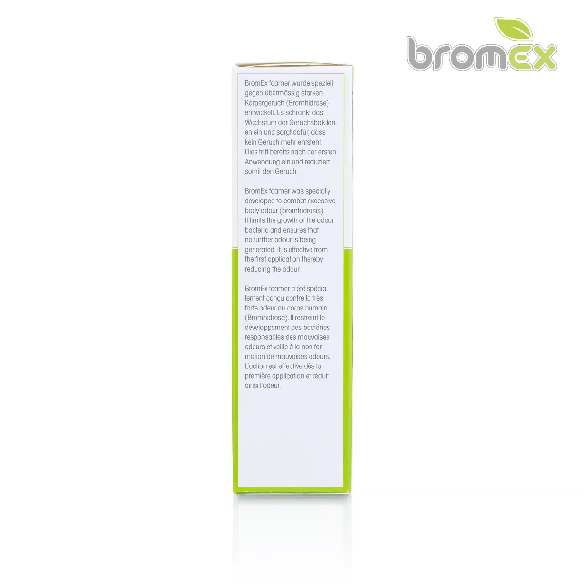 Seitenansicht der BromEx Foamer Verpackung mit Produkttext – Spezialpflege gegen übermäßigen Körpergeruch bei Bromhidrose von sweatstop