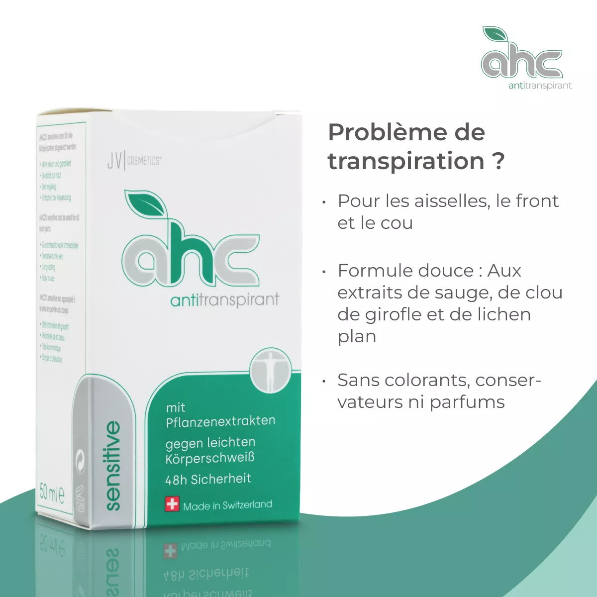Boîte de sweatstop ahc sensitive antitranspirant, formule douce aux extraits végétaux pour réduire la transpiration des aisselles, du front et du cou