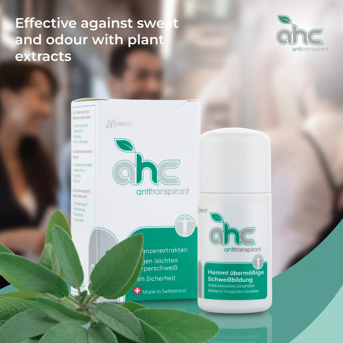 sweatstop ahc antiperspirant bottle and box with sage leaves, effective against sweat and odour with plant extracts