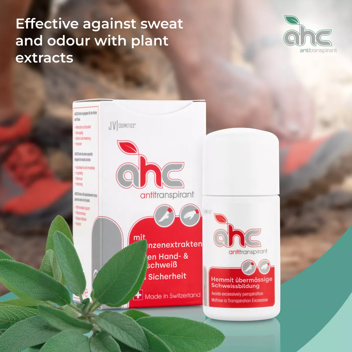 sweatstop AHC antitranspirant bottle and box with plant extracts, shown as effective against sweat and odour