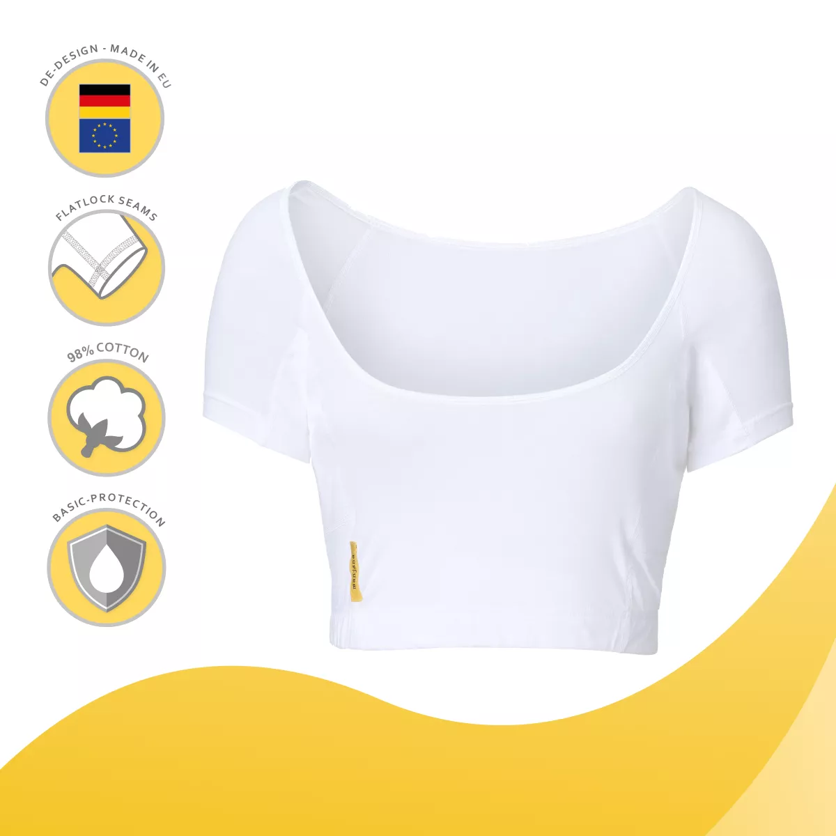 White sweatstop women’s underarm protection shirt with short sleeves and cropped fit, featuring basic sweat protection, flatlock seams, 98% cotton and EU-made quality