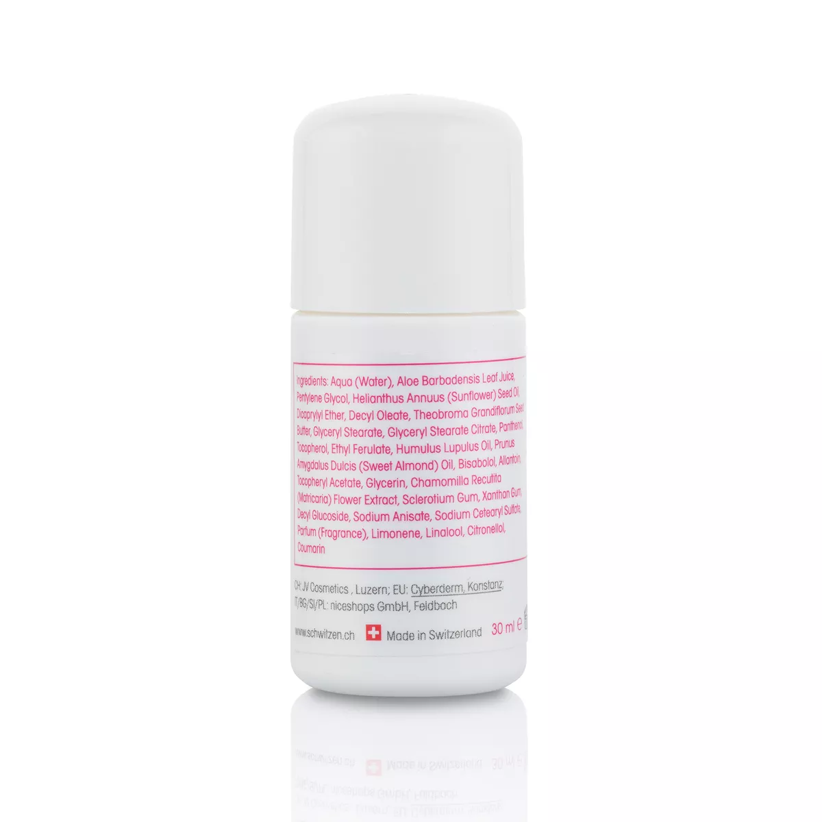 Rückansicht des sweatstop Roll-on Deodorants 30 ml mit Inhaltsstoffen auf dem Etikett, weiße Flasche vor hellem Hintergrund