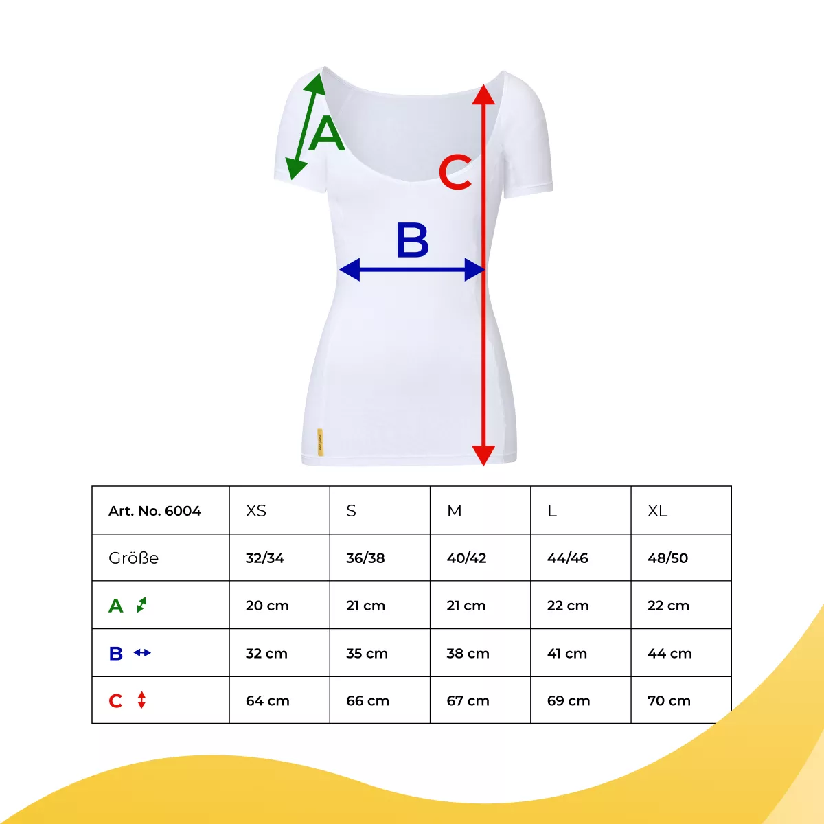 SweatStop Grössentabelle für Damen-Shirt mit weissem Kurzarm-Top, Messpunkten A, B und C sowie Massen für XS, S, M, L und XL