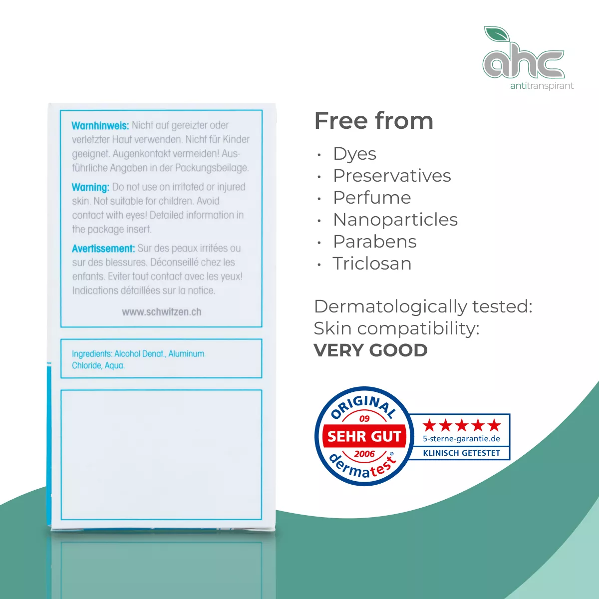 Back of sweatstop antiperspirant packaging showing warnings, ingredients and claims: free from dyes, preservatives, perfume, nanoparticles, parabens and triclosan