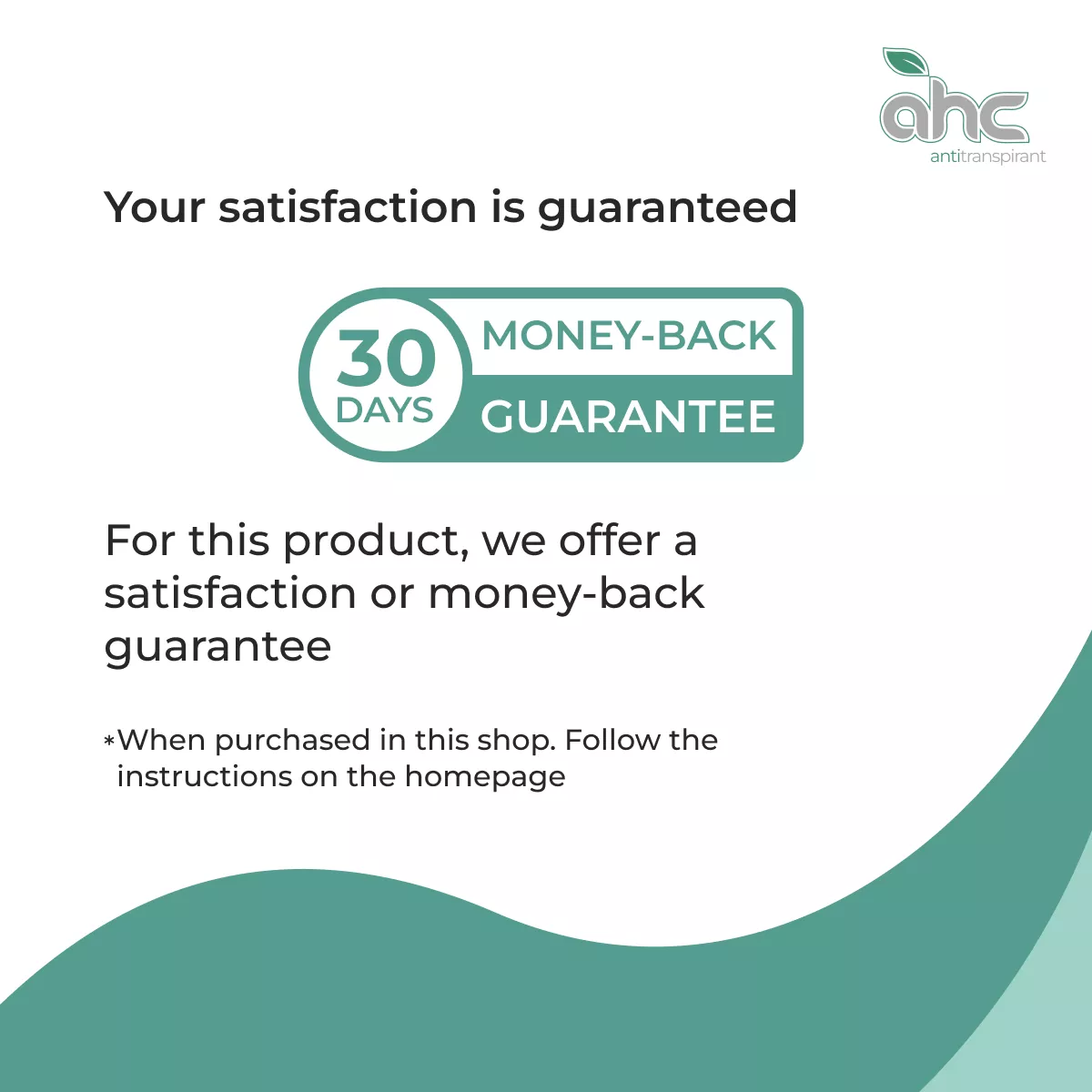 Promotional sweatstop graphic showing a 30-day money-back guarantee and satisfaction guarantee for this product