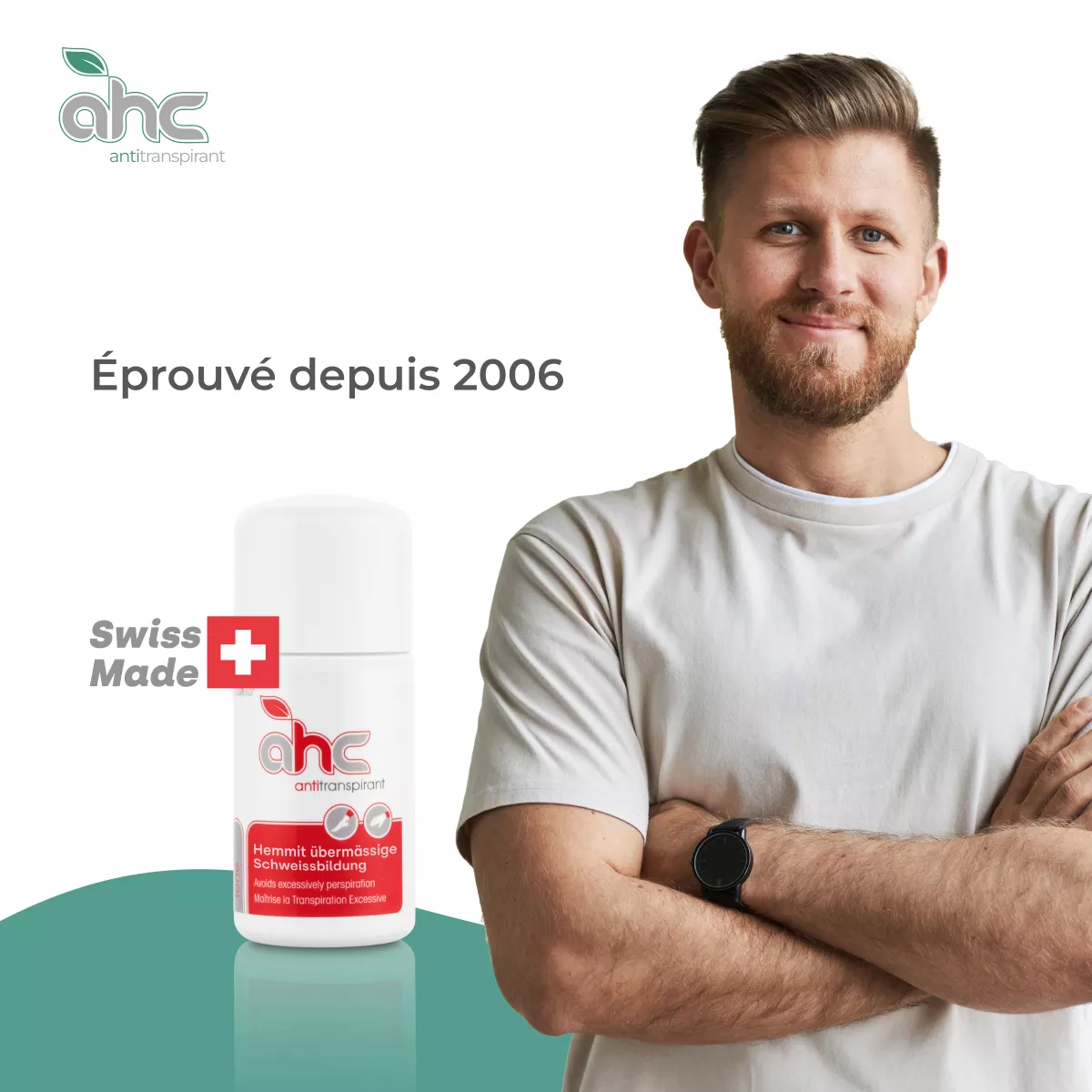 Homme souriant à côté du flacon sweatstop ahc antitranspirant Swiss Made, éprouvé depuis 2006, contre la transpiration excessive