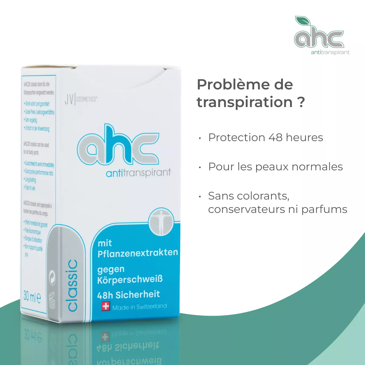Boîte de sweatstop Ahc classic antitranspirant 30 ml, protection 48 h, pour peaux normales, sans colorants, conservateurs ni parfums