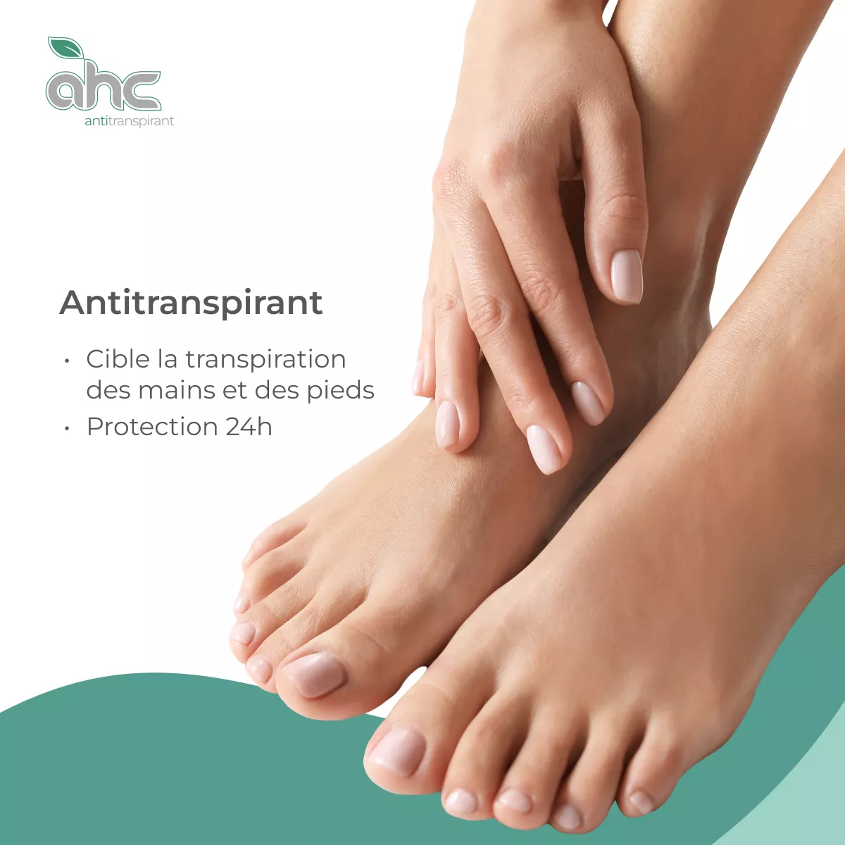 Mains posées sur des pieds soignés, illustrant l’antitranspirant sweatstop pour réduire la transpiration des mains et des pieds avec protection 24 h