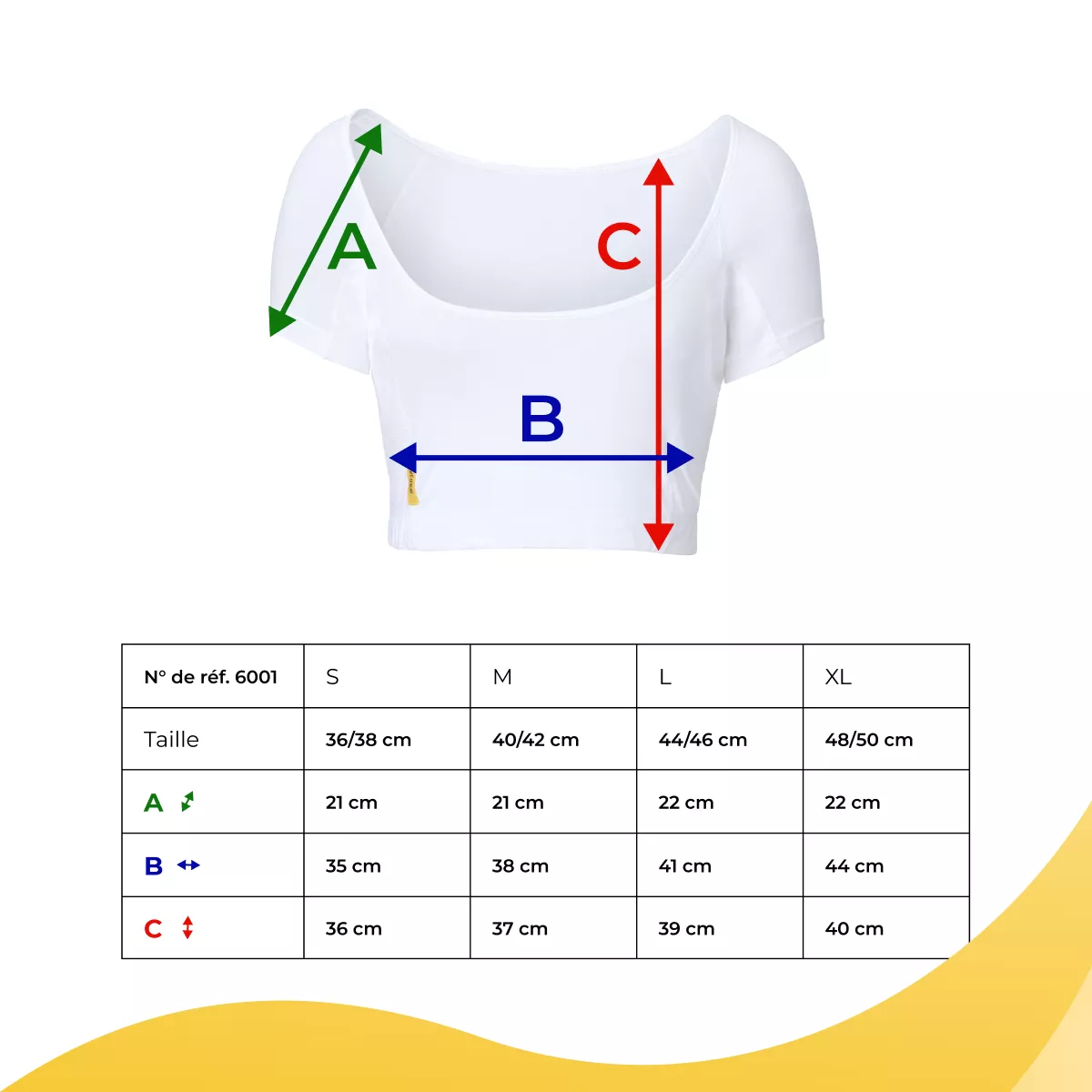 Guide des tailles sweatstop d’un haut blanc court avec repères de mesure A, B et C et tableau des tailles S, M, L et XL