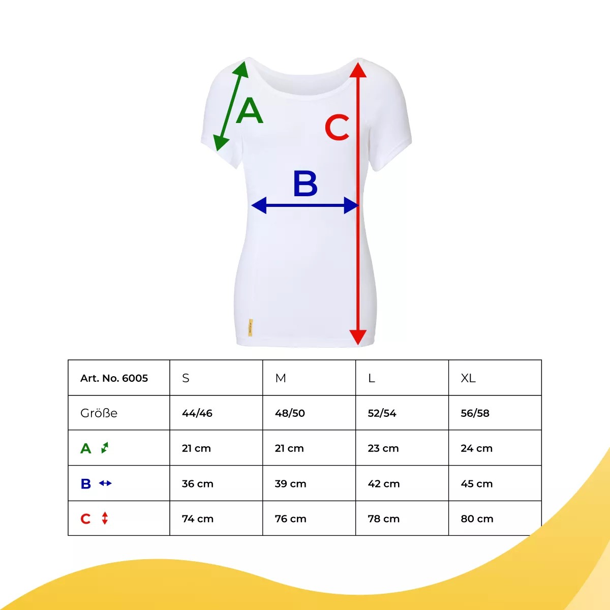 SweatStop Grössentabelle für Damen-T-Shirt mit A Ärmel, B Brustbreite und C Gesamtlänge in den Grössen S bis XL
