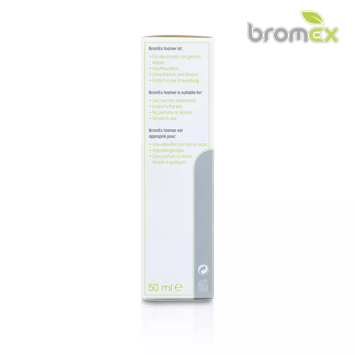 Side view of the BromEx foamer 50 ml packaging with product benefits shown, a skin-friendly body care foam with no perfume or alcohol
