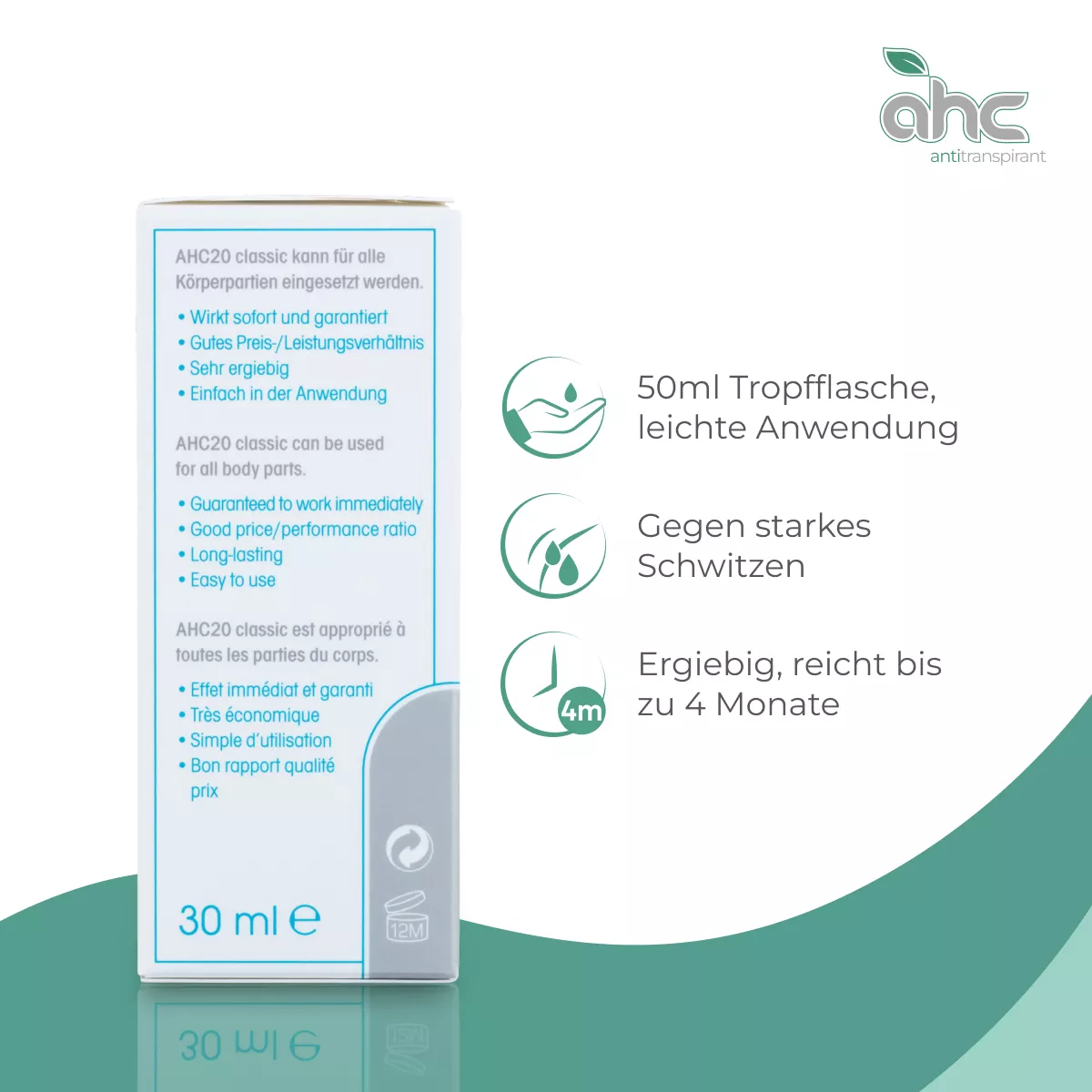 Produktbild von sweatstop AHC20 classic Antitranspirant mit 30 ml Verpackung; gegen starkes Schwitzen, für alle Körperpartien, ergiebig und einfach anzuwenden