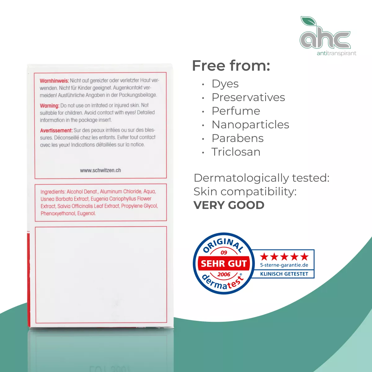 Back of sweatstop ahc antiperspirant packaging showing ingredients, safety warnings, free-from claims and dermatologically tested skin compatibility rated very good
