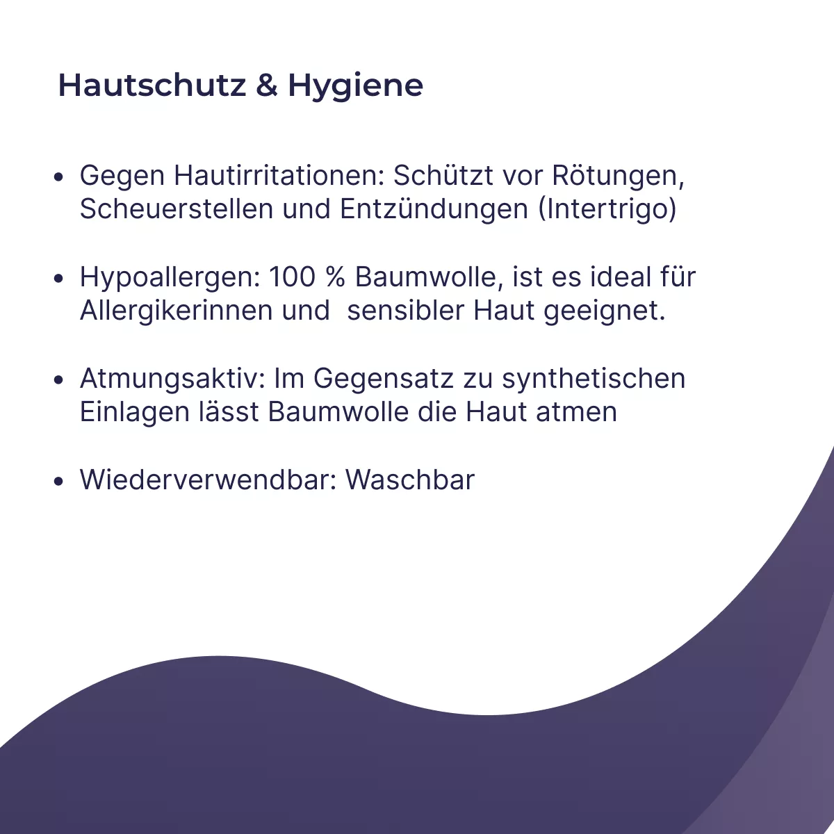 Infografik zu sweatstop Baumwoll-Einlagen: Hautschutz & Hygiene, schützt vor Hautirritationen, hypoallergen, atmungsaktiv, waschbar und wiederverwendbar