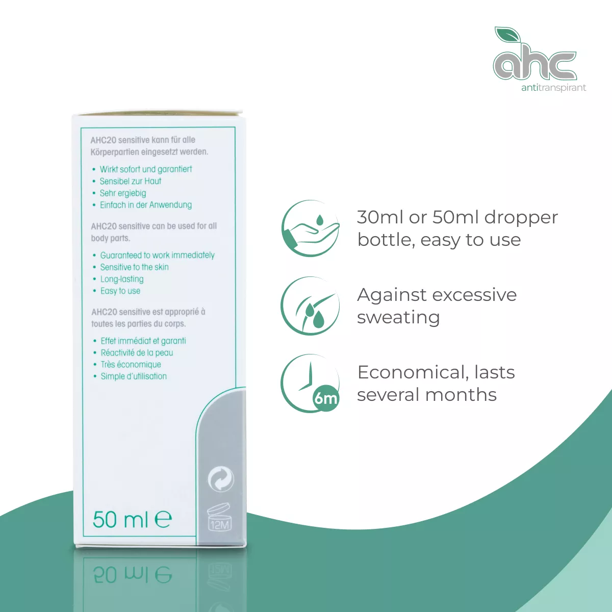 sweatstop AHC20 Sensitive antiperspirant 50ml pack with dropper bottle, for all body areas, helps against excessive sweating and lasts several months
