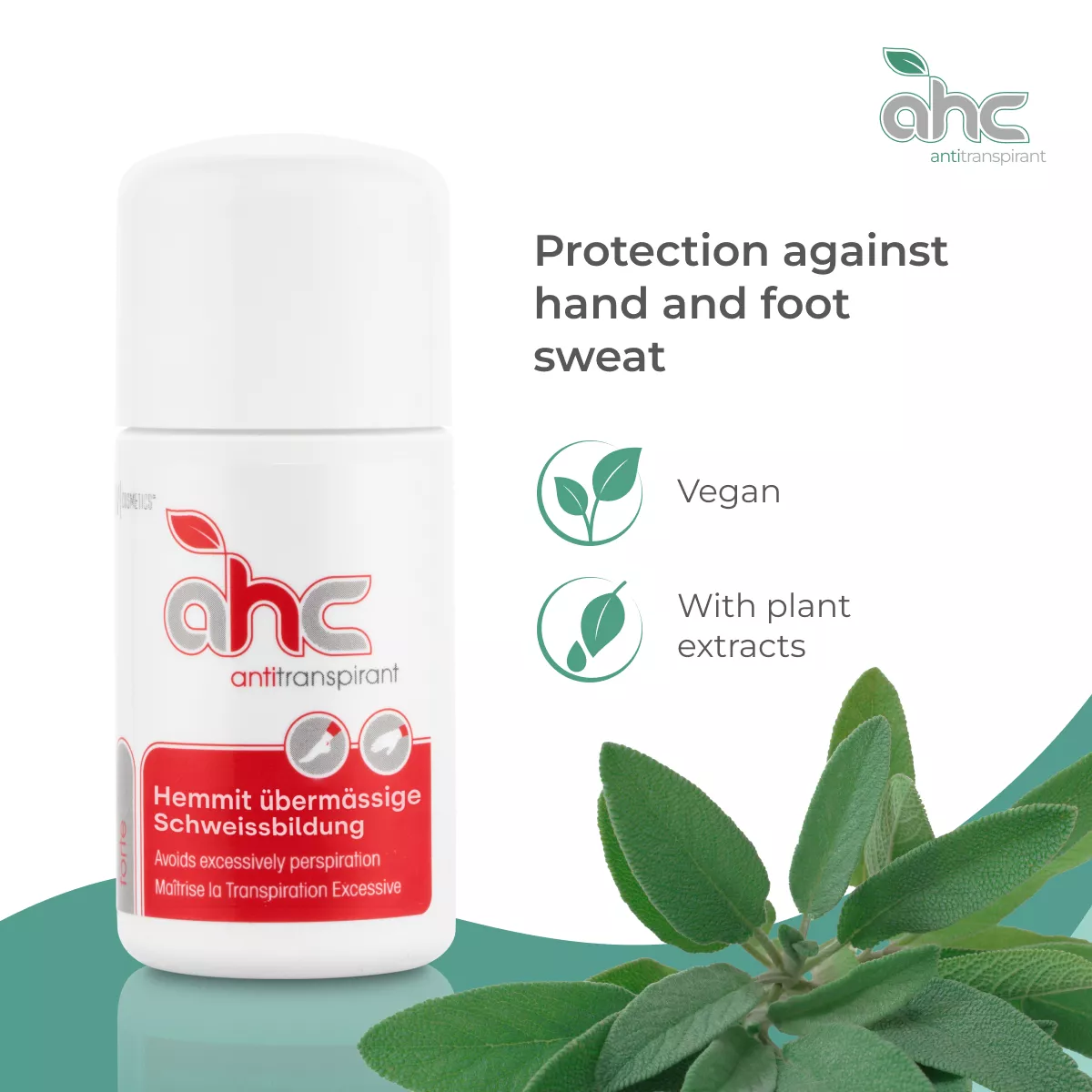 sweatstop antiperspirant roll-on bottle for protection against hand and foot sweat, vegan formula with plant extracts