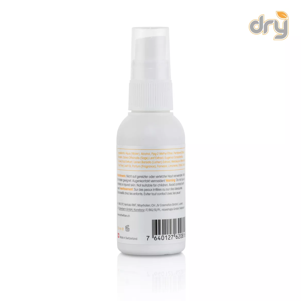 Rückseite der sweatstop Sprayflasche auf weißem Hintergrund mit Inhaltsstoffen, Anwendungshinweisen und Barcode