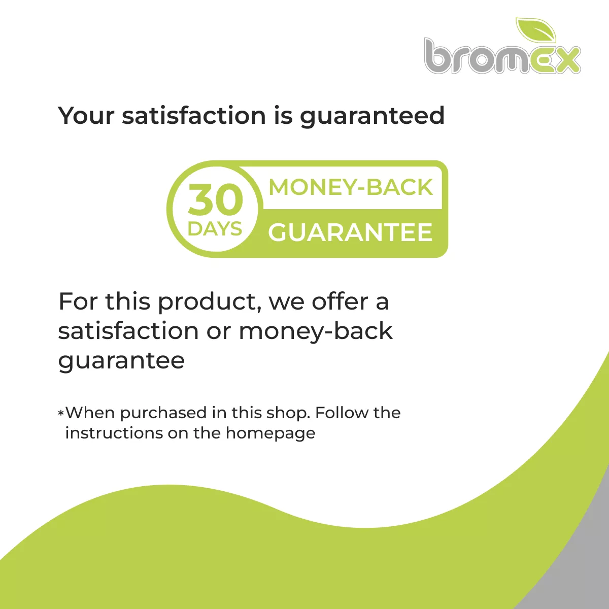 Promotional bromex graphic showing a 30-day money-back guarantee and satisfaction guarantee for sweatstop products purchased in this shop.