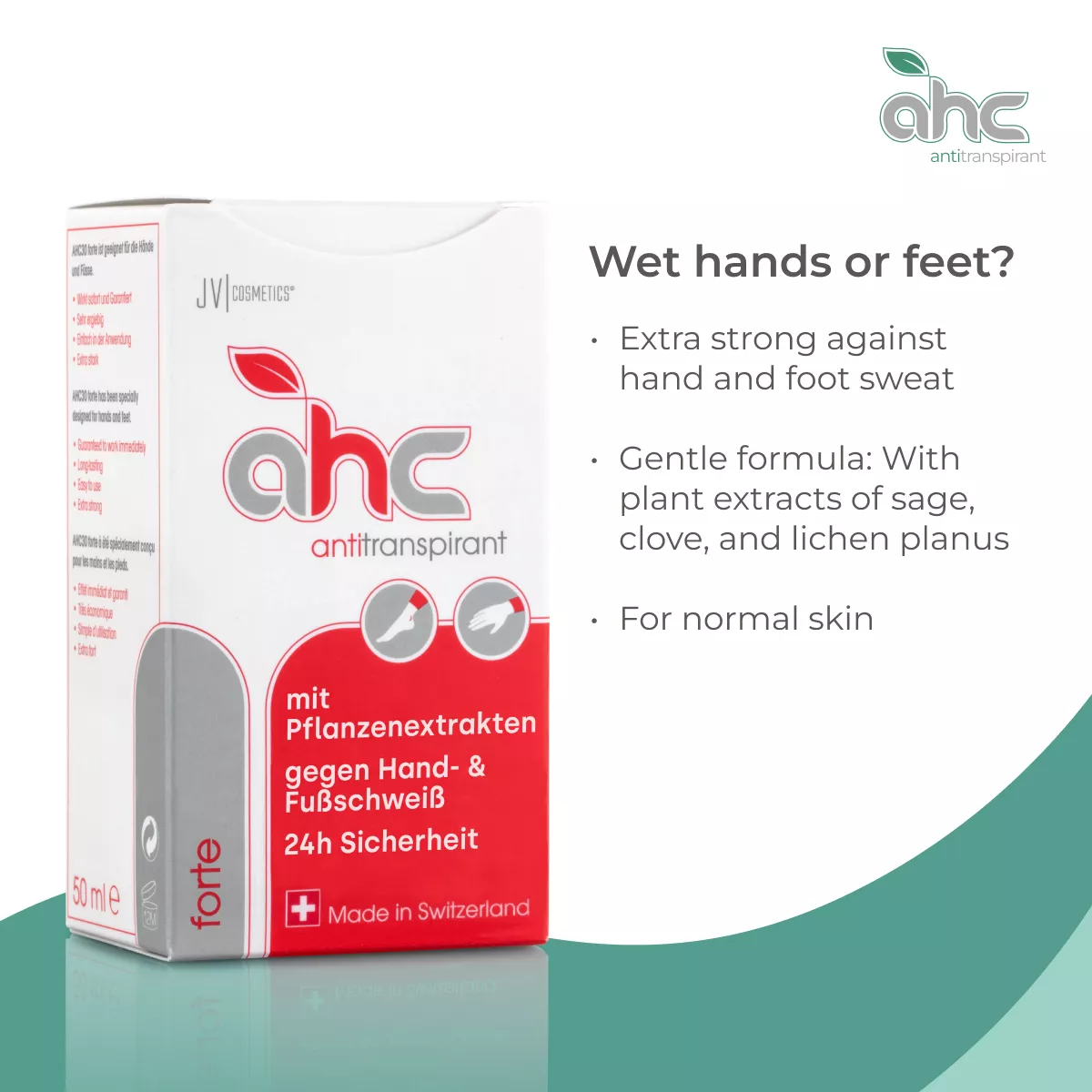 Pack shot of sweatstop AHC forte antitranspirant, 50 ml, for excessive hand and foot sweat with plant extracts and 24-hour protection