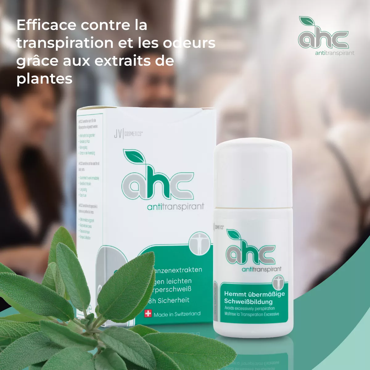 Boîte et flacon sweatstop ahc antitranspirant, protection efficace contre la transpiration excessive et les odeurs, avec extraits de plantes