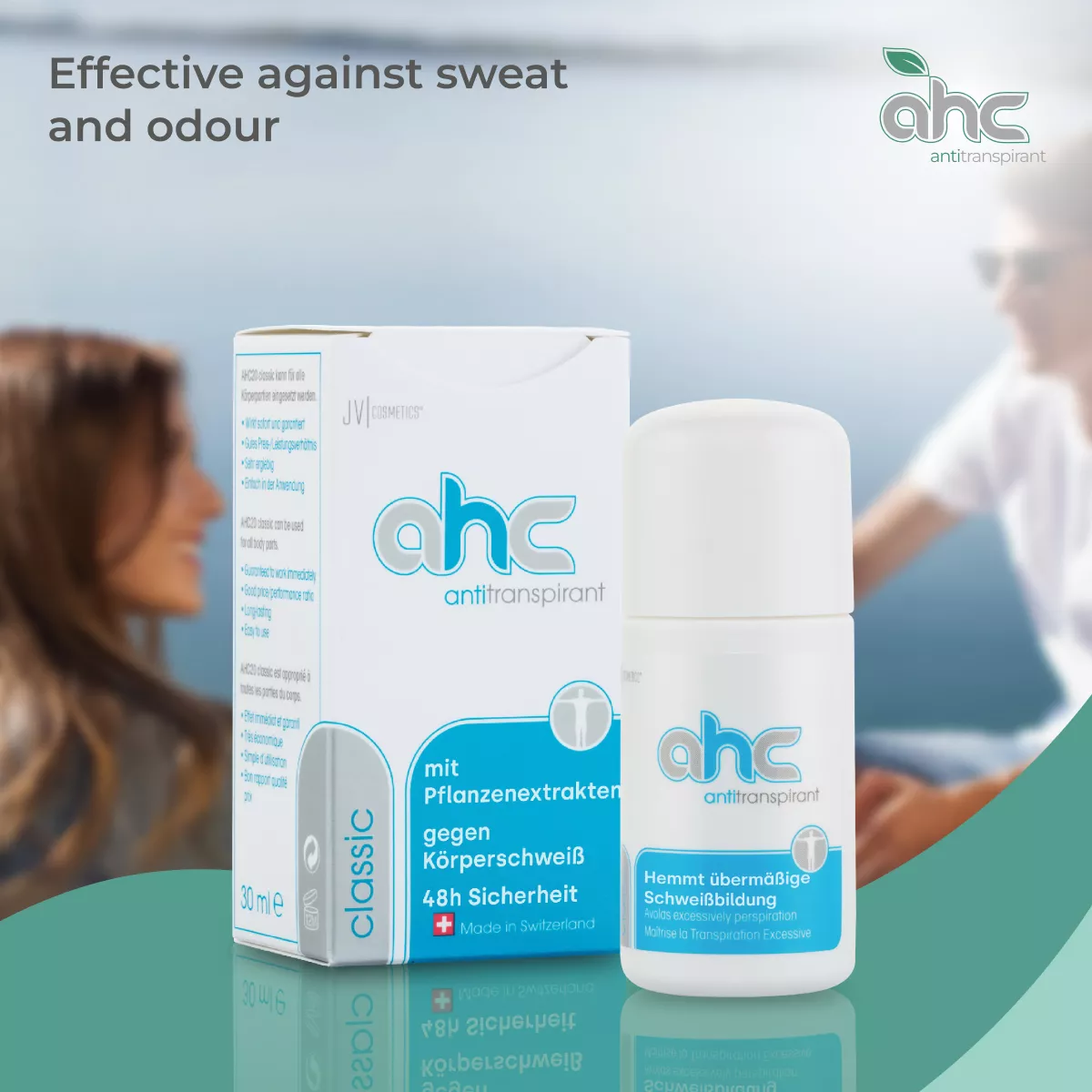 sweatstop ahc classic antitranspirant roll-on and product box, effective against sweat and odour, shown in a fresh lifestyle scene