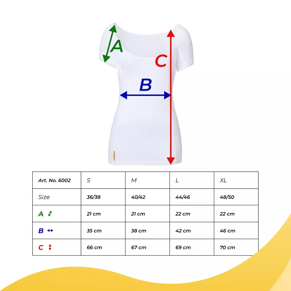 SweatStop women's undershirt size chart showing A sleeve, B chest width and C length measurements for sizes S, M, L and XL