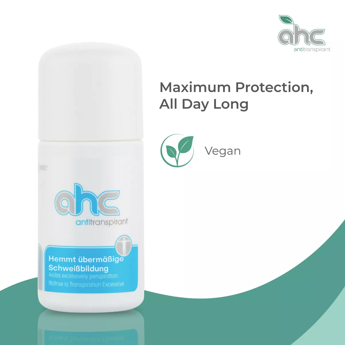 White ahc antitranspirant roll-on by sweatstop with vegan icon and the message Maximum Protection, All Day Long.