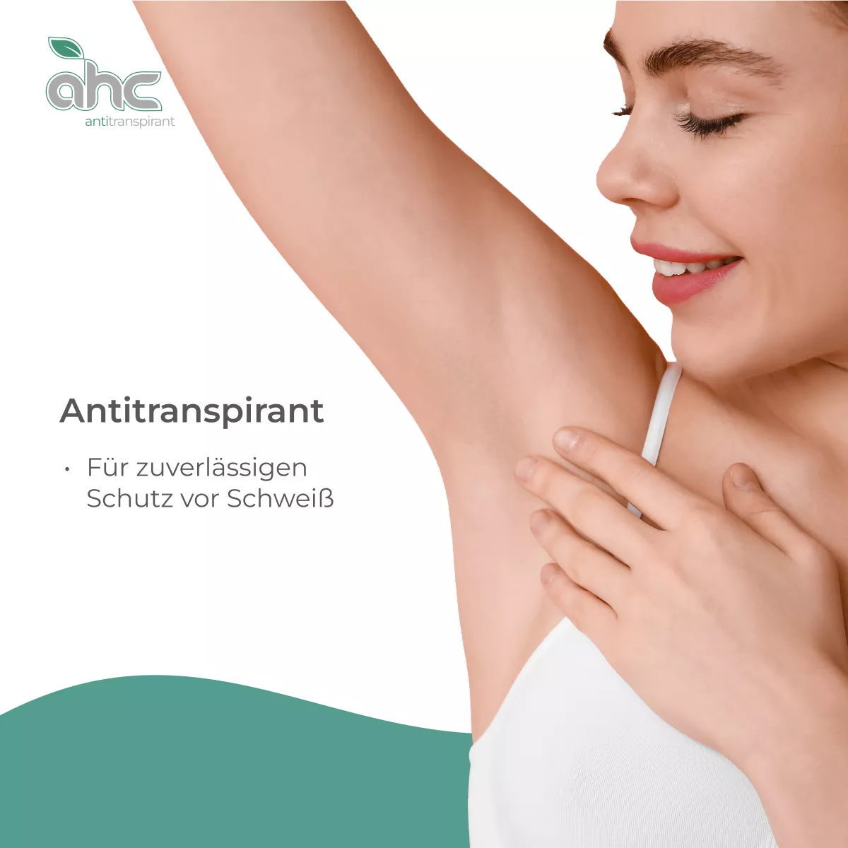 Frau mit erhobenem Arm und trockener Achsel als Motiv für sweatstop Antitranspirant mit zuverlässigem Schutz vor Schweiß