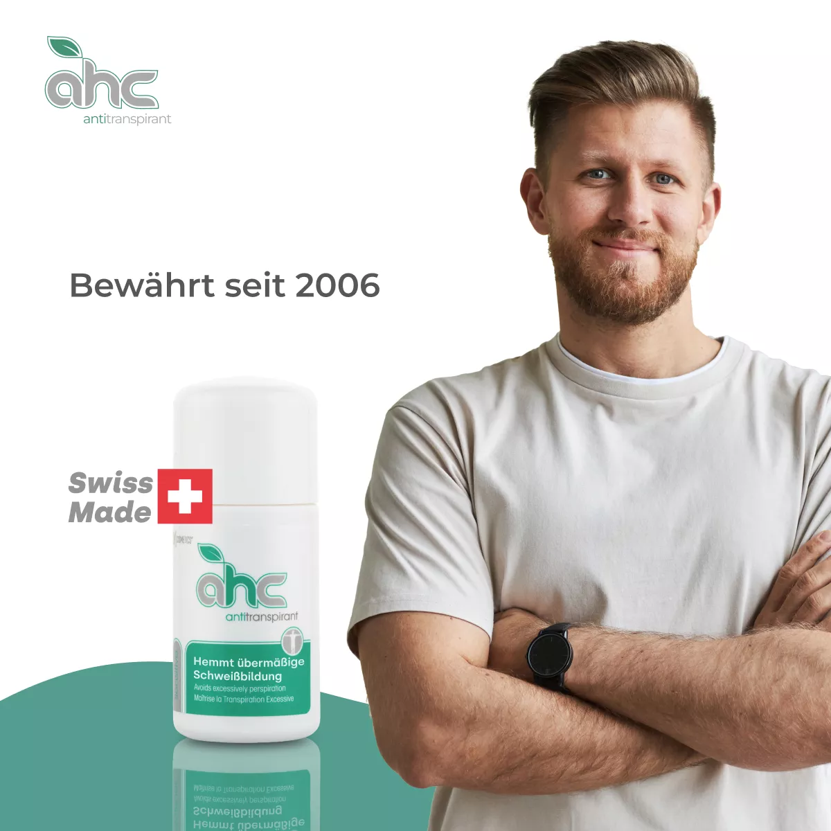 Mann im weißen T-Shirt neben ahc antitranspirant von sweatstop, bewährt seit 2006, Swiss Made, gegen übermäßige Schweißbildung