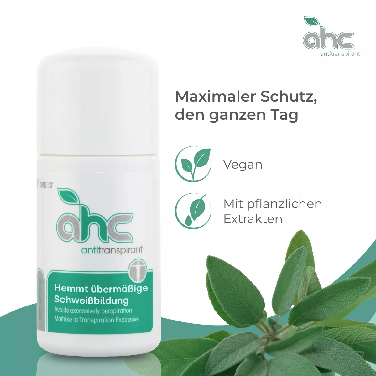 Abbildung des sweatstop ahc Antitranspirant Roll-ons mit Hinweis auf veganen Schutz den ganzen Tag und pflanzliche Extrakte