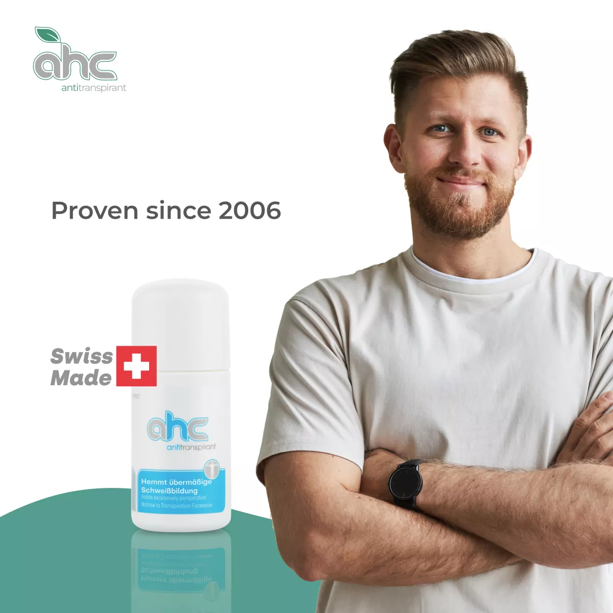 Male model beside ahc antitranspirant roll-on, Swiss Made formula proven since 2006 for excessive perspiration