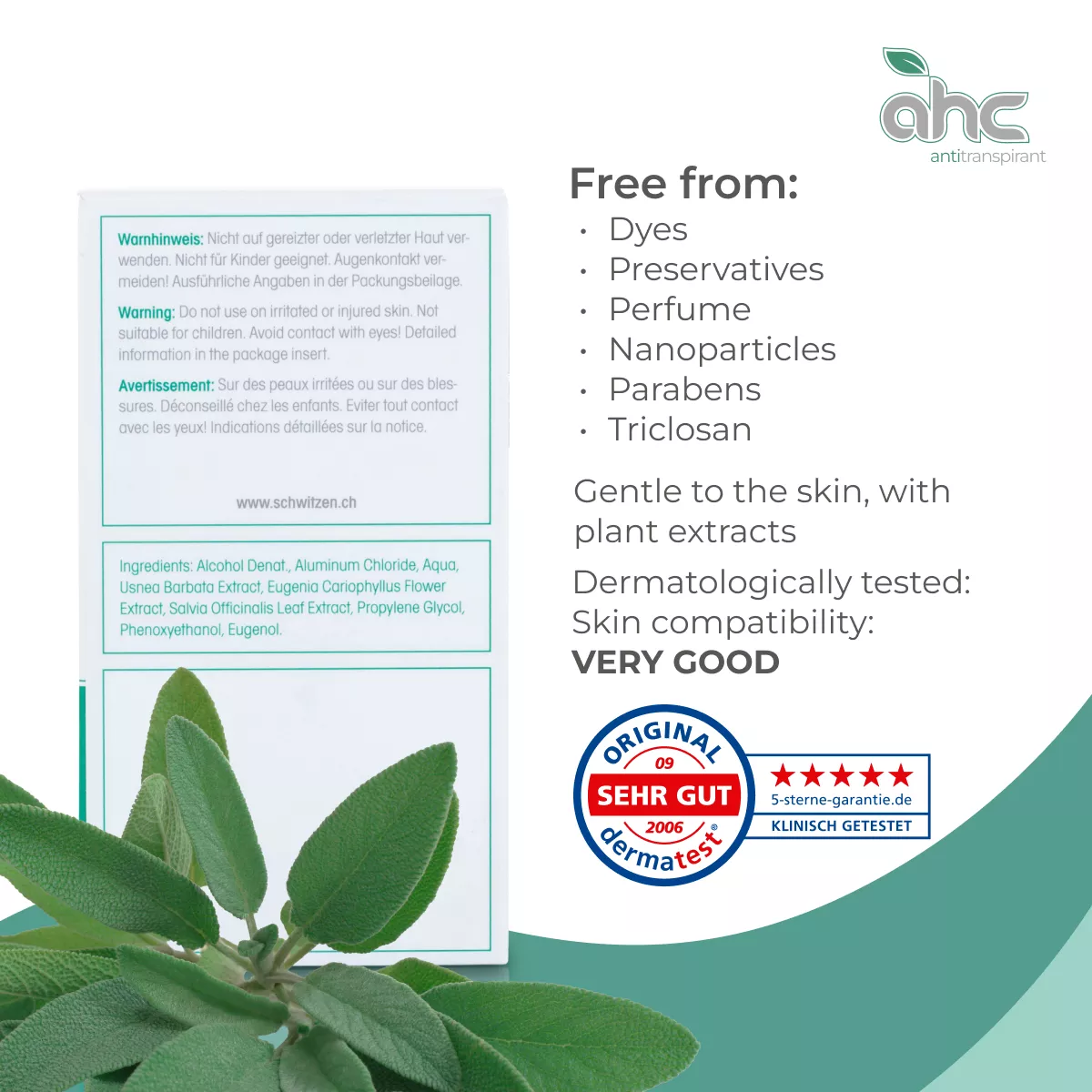 Back view of sweatstop ahc antiperspirant packaging showing ingredients, free-from claims, skin compatibility rating and sage plant extracts