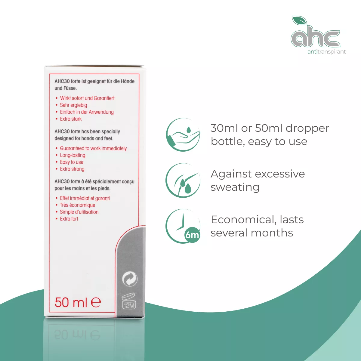 sweatstop AHC30 Forte antiperspirant 50ml box for hands and feet with benefits shown: easy-to-use dropper bottle, helps against excessive sweating, economical and long-lasting