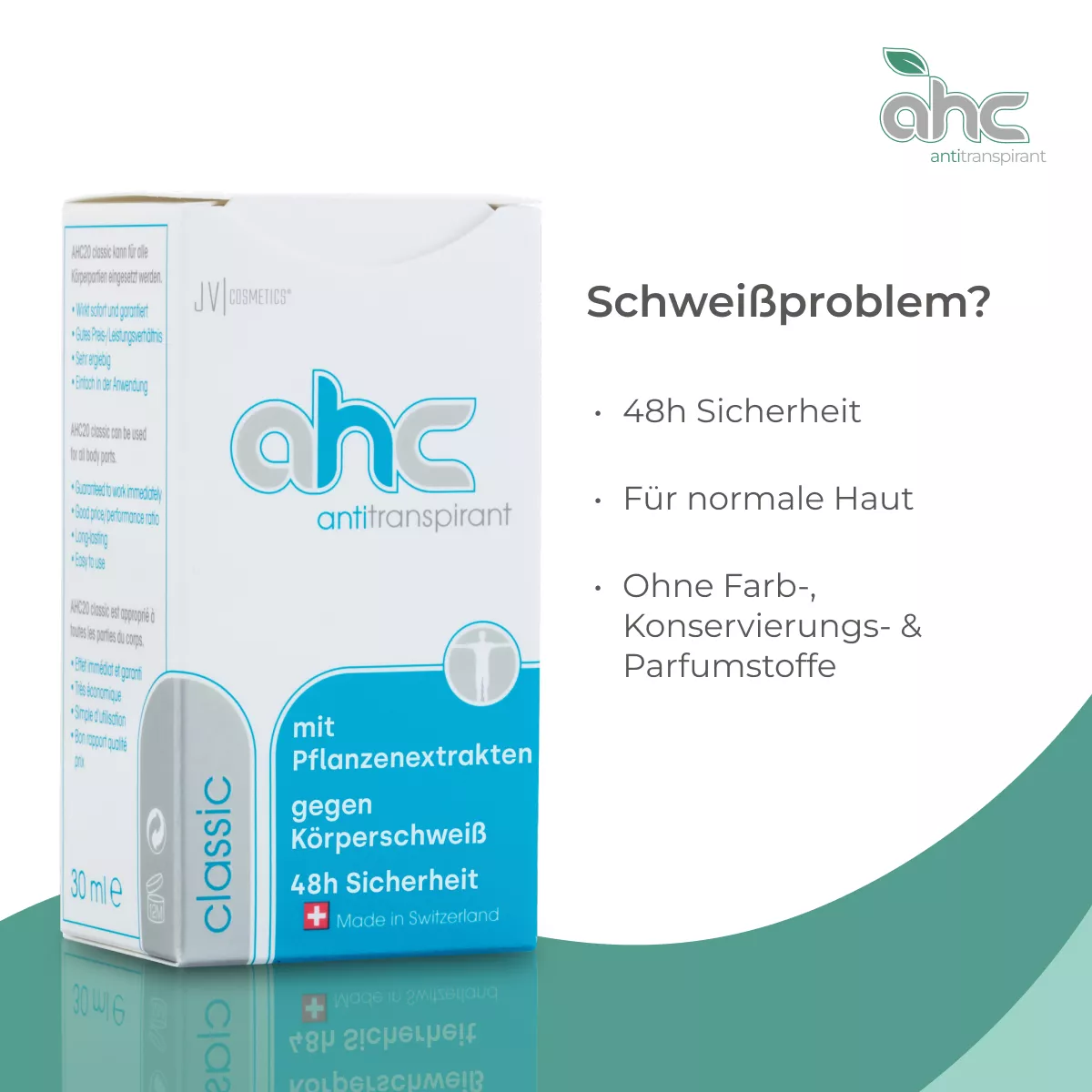 Produktbild sweatstop AHC20 Classic Antitranspirant 30 ml mit Pflanzenextrakten, 48h Sicherheit gegen Körperschweiß, für normale Haut, ohne Farb-, Konservierungs- und Parfumstoffe
