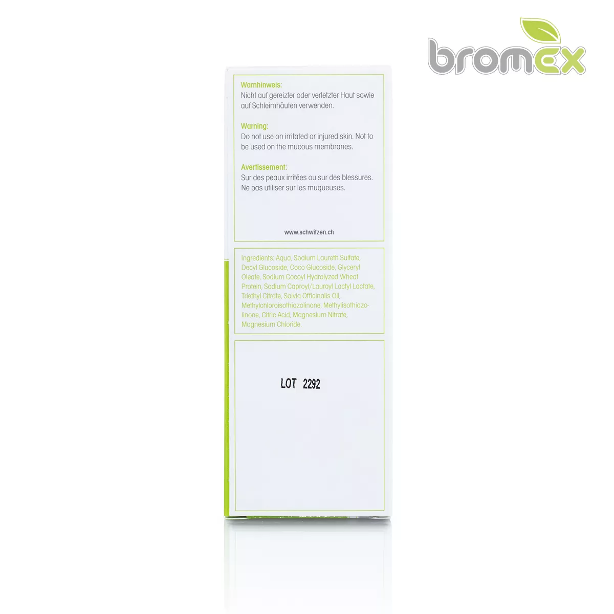 Back of bromex anti-odour body wash box showing ingredients list, warning information and lot number