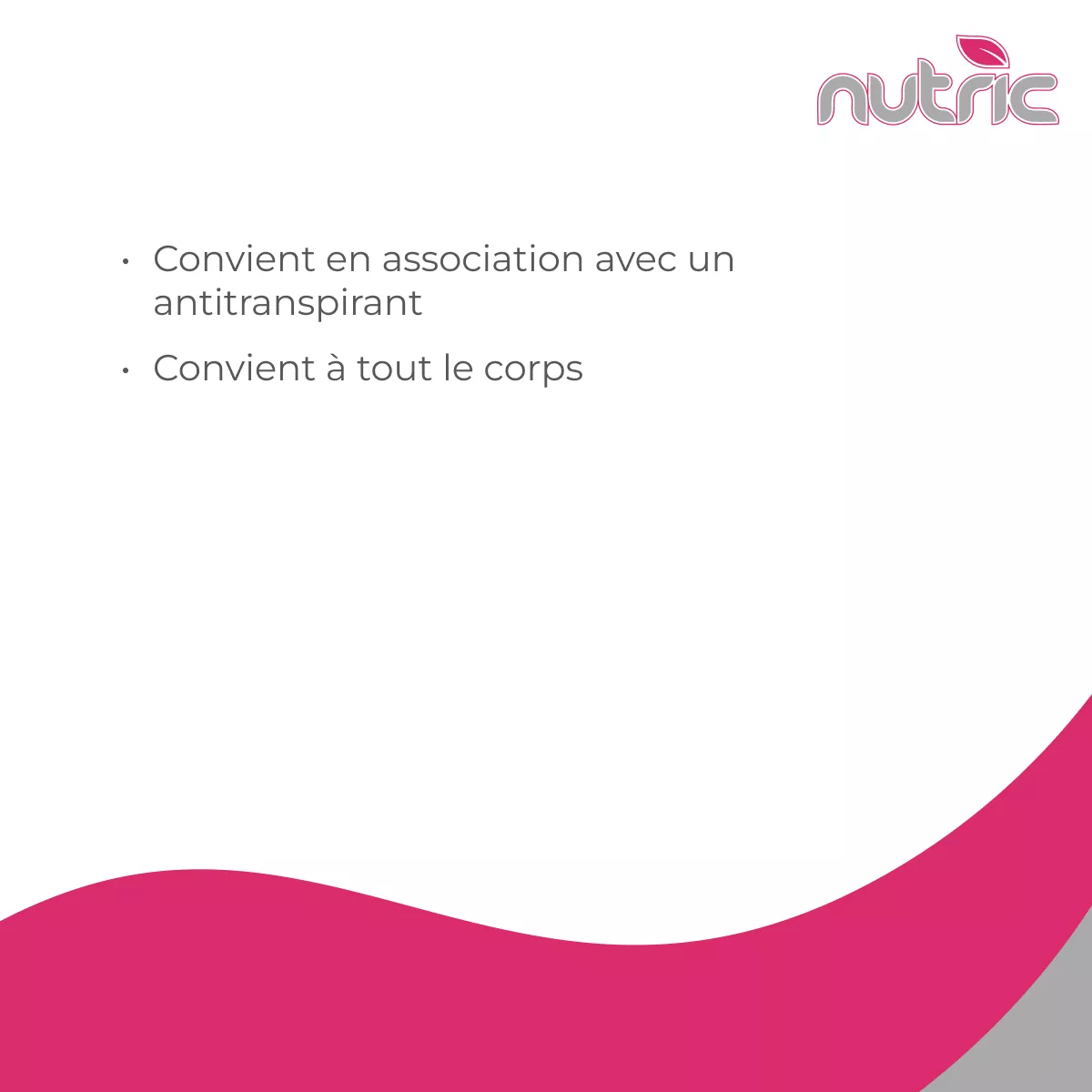 Visuel nutric sweatstop avec texte indiquant qu’il convient en association avec un antitranspirant et qu’il est adapté à tout le corps